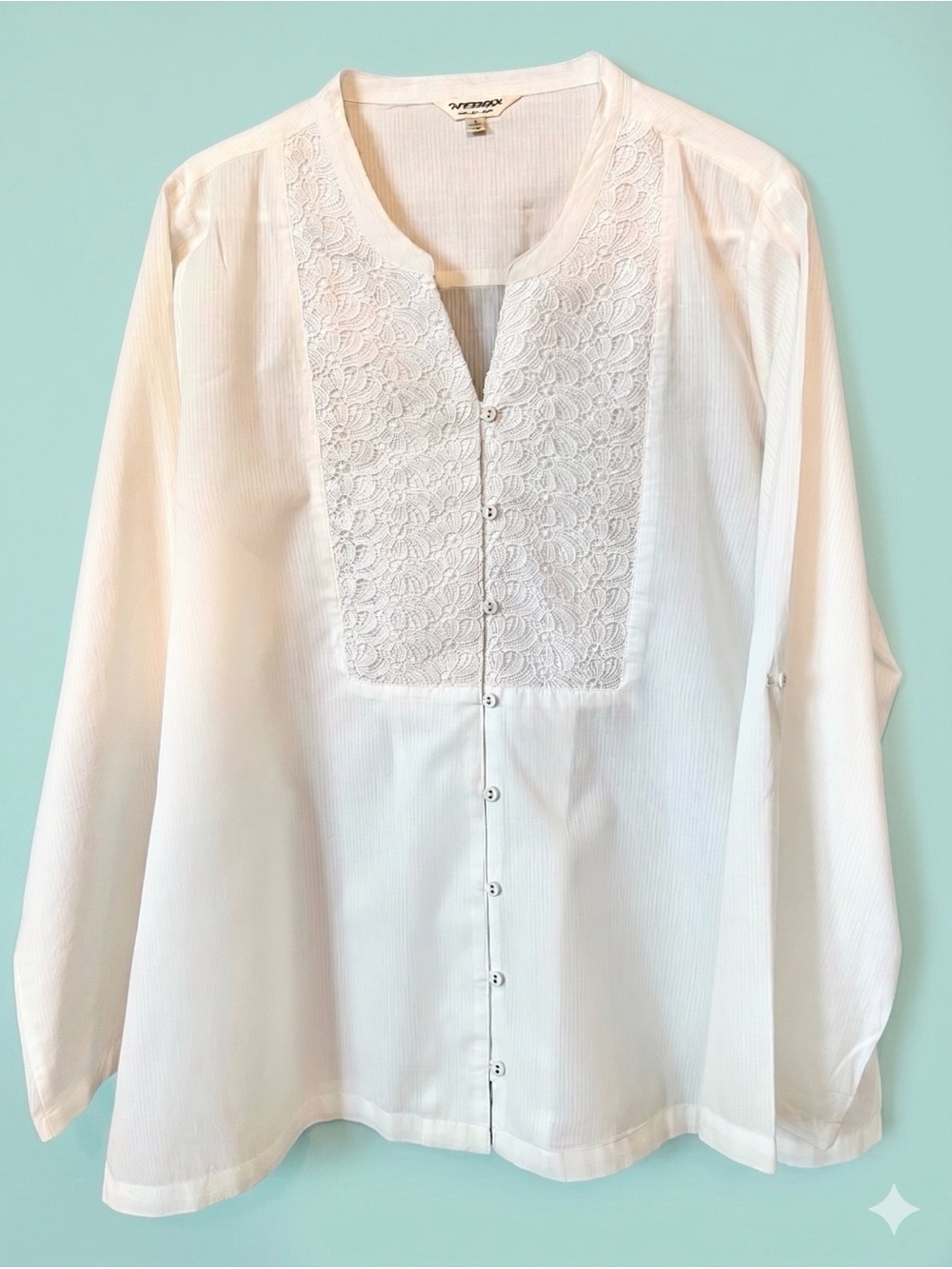White Boho Lace-Front Button Blouse